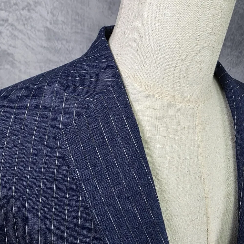 Lands End Blazer Mens 42 Blue Pinstripe Linen Two Button Sport Coat Jacket